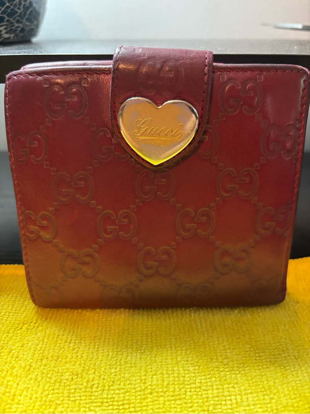 AUTHENTIC Gucci Metallic Guccissima Heart French Flap Wallet - Burgundy Red - Picture 2 of 13